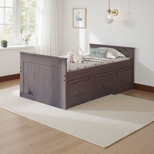 Mari Twin Captain Bed with Drawers, Rustic, Brazilian Pine, Wood, Gray By Casagear Home