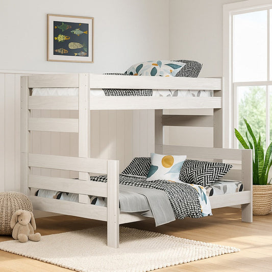 Damie Twin/Full Bunk Bed with Ladder, Brazilian Pine, White Solid Wood By Casagear Home