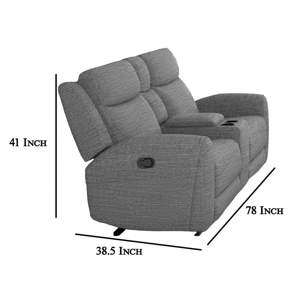 Cory Manual Recliner Loveseat 78 Inch Center Console Gray Polyester By Casagear Home BM321099