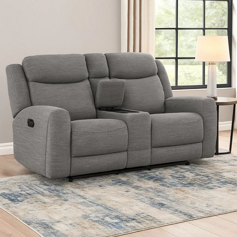 Cory Manual Recliner Loveseat, 78 Inch, Center Console, Gray Polyester By Casagear Home