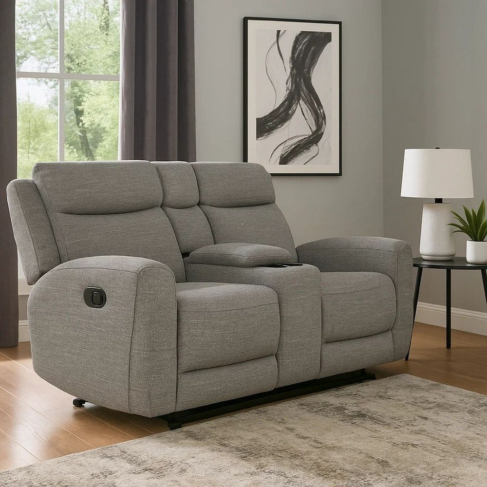 Cory Manual Recliner Loveseat, 78 Inch, Center Console, Gray Polyester By Casagear Home