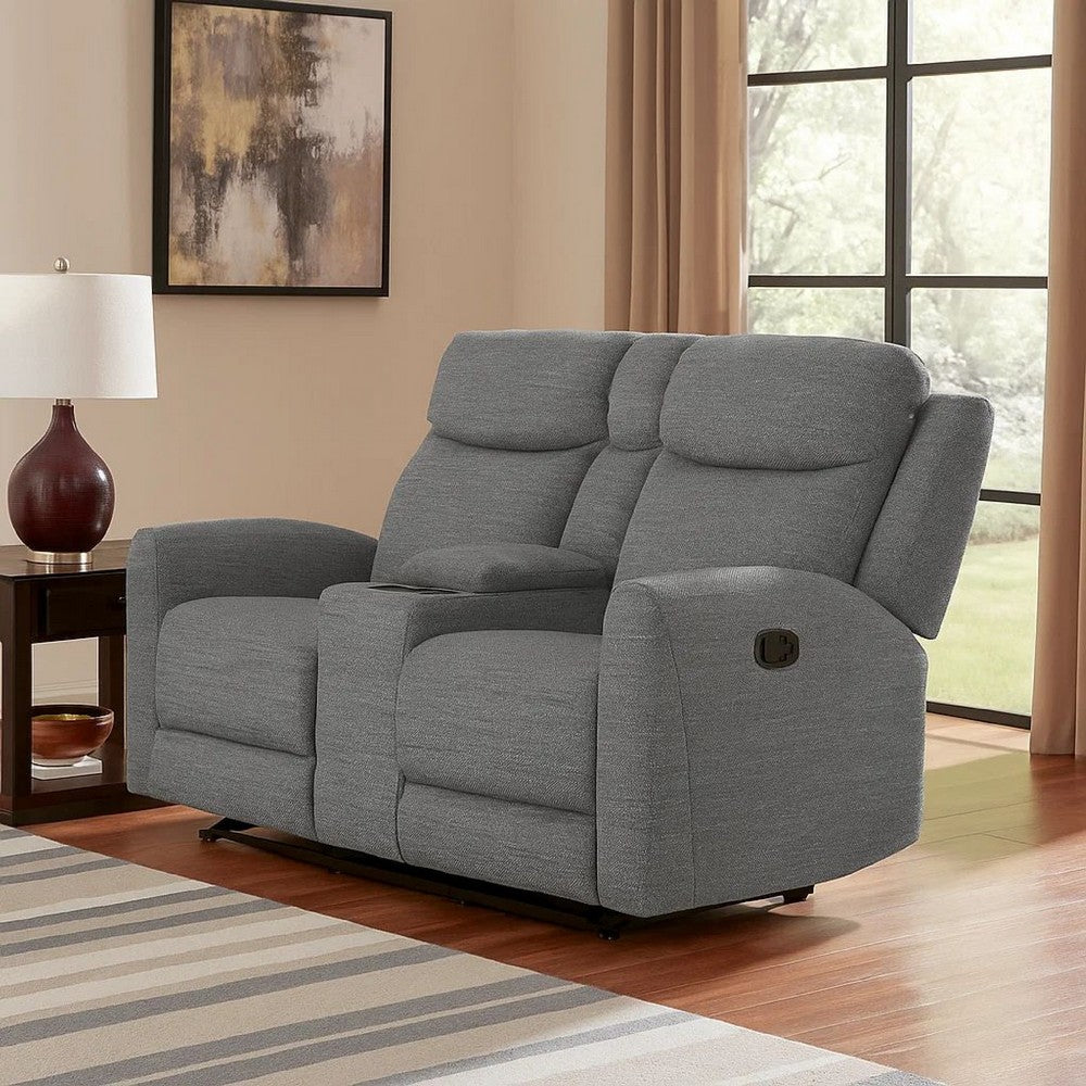 Cory Manual Recliner Loveseat, 78 Inch, Center Console, Gray Polyester By Casagear Home