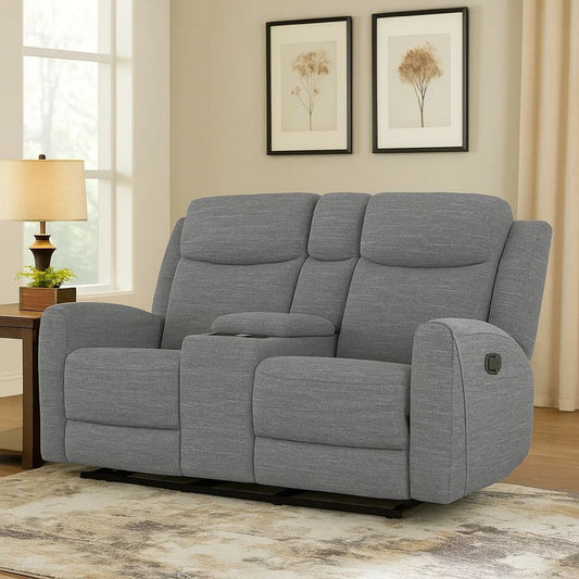 Cory Manual Recliner Loveseat, 78 Inch, Center Console, Gray Polyester By Casagear Home