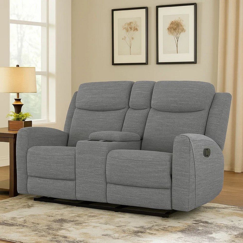 Cory Manual Recliner Loveseat, 78 Inch, Center Console, Gray Polyester By Casagear Home