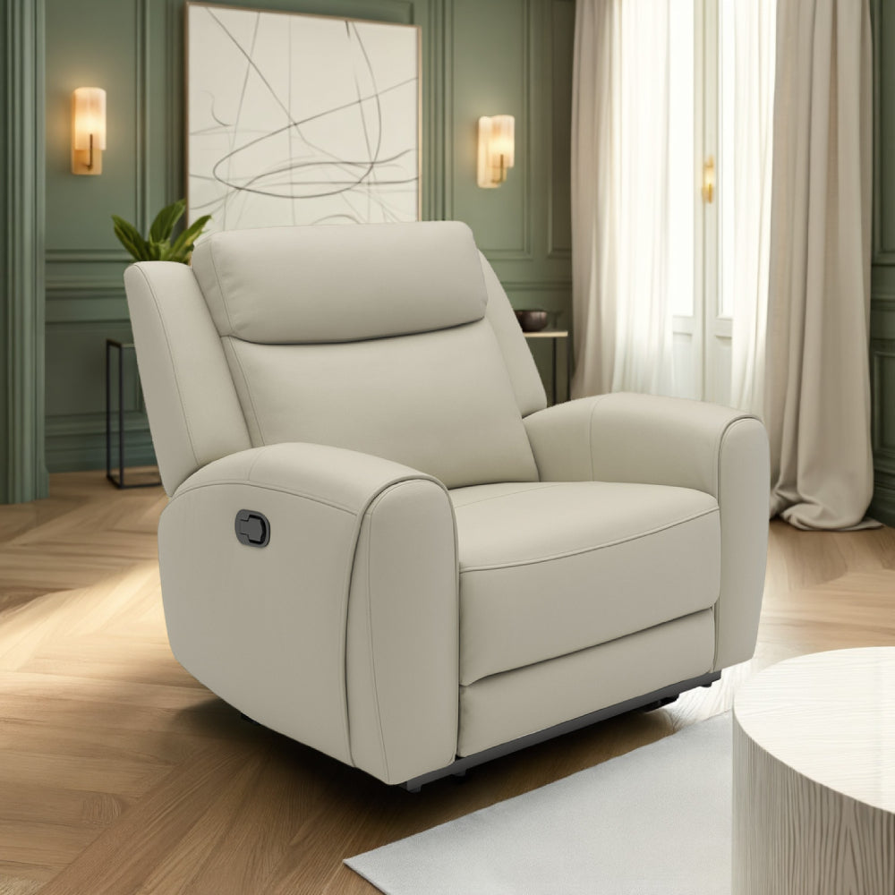 Cobe Manual Recliner Chair, Solid Wood and Soft Top Grain Beige Leather By Casagear Home