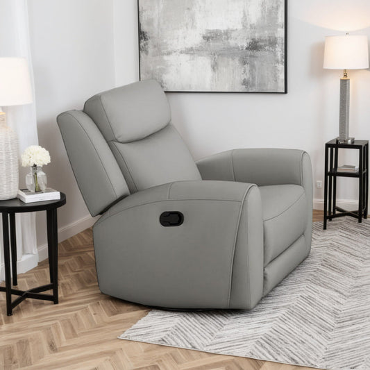 Cobe Manual Recliner Chair, Solid Wood and Soft Top Grain Gray Leather By Casagear Home