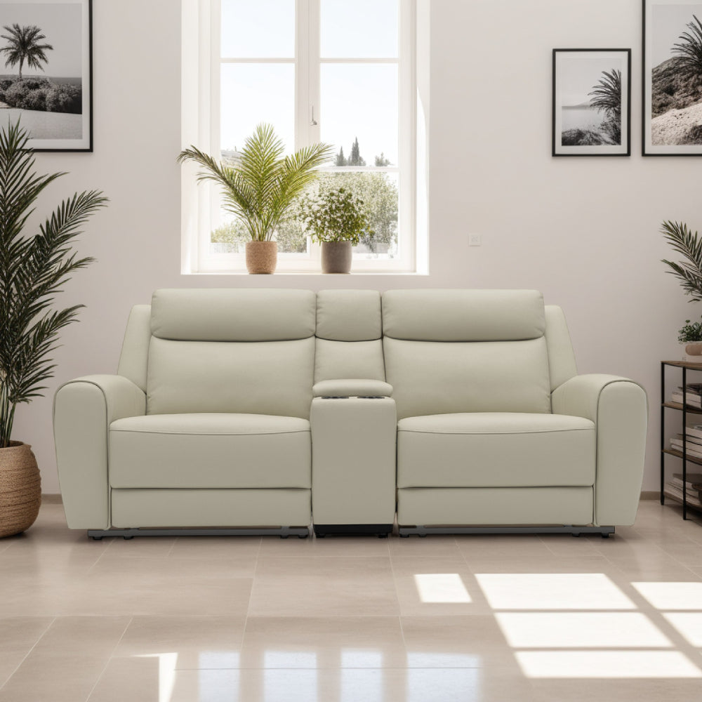 Cobe Manual Recliner Loveseat, 41 Inch, Center Console, Grain Beige Leather By Casagear Home