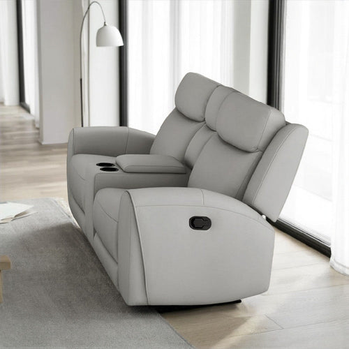 Cobe Manual Recliner Loveseat, 41 Inch, Center Console, Grain Gray Leather By Casagear Home