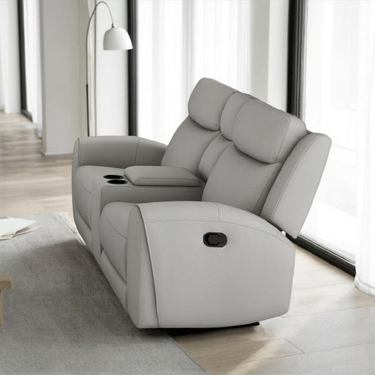 Cobe Manual Recliner Loveseat, 41 Inch, Center Console, Grain Gray Leather By Casagear Home