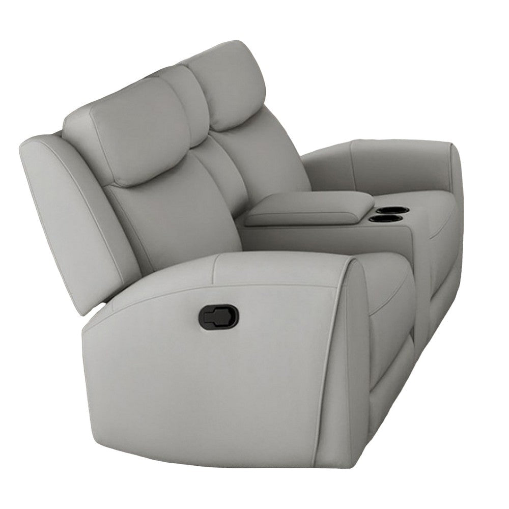 Cobe Manual Recliner Loveseat 41 Inch Center Console Grain Gray Leather By Casagear Home BM321103