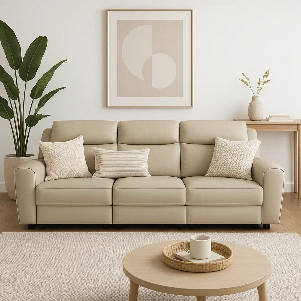 Cobe Sofa, Manual Recliner, 41 Inch, Solid Wood, Top Grain Beige Leather By Casagear Home