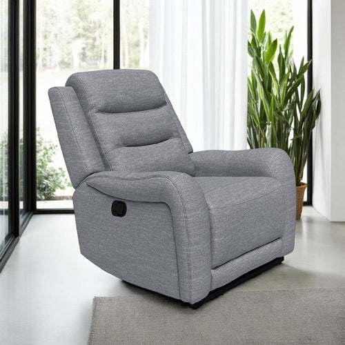 Clair Manual Recliner Chair with Scrolled Arms, Wood Frame, Gray Fabric  By Casagear Home