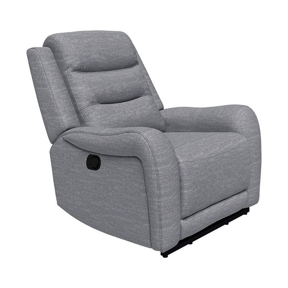 Clair Manual Recliner Chair with Scrolled Arms, Wood Frame, Gray Fabric  By Casagear Home