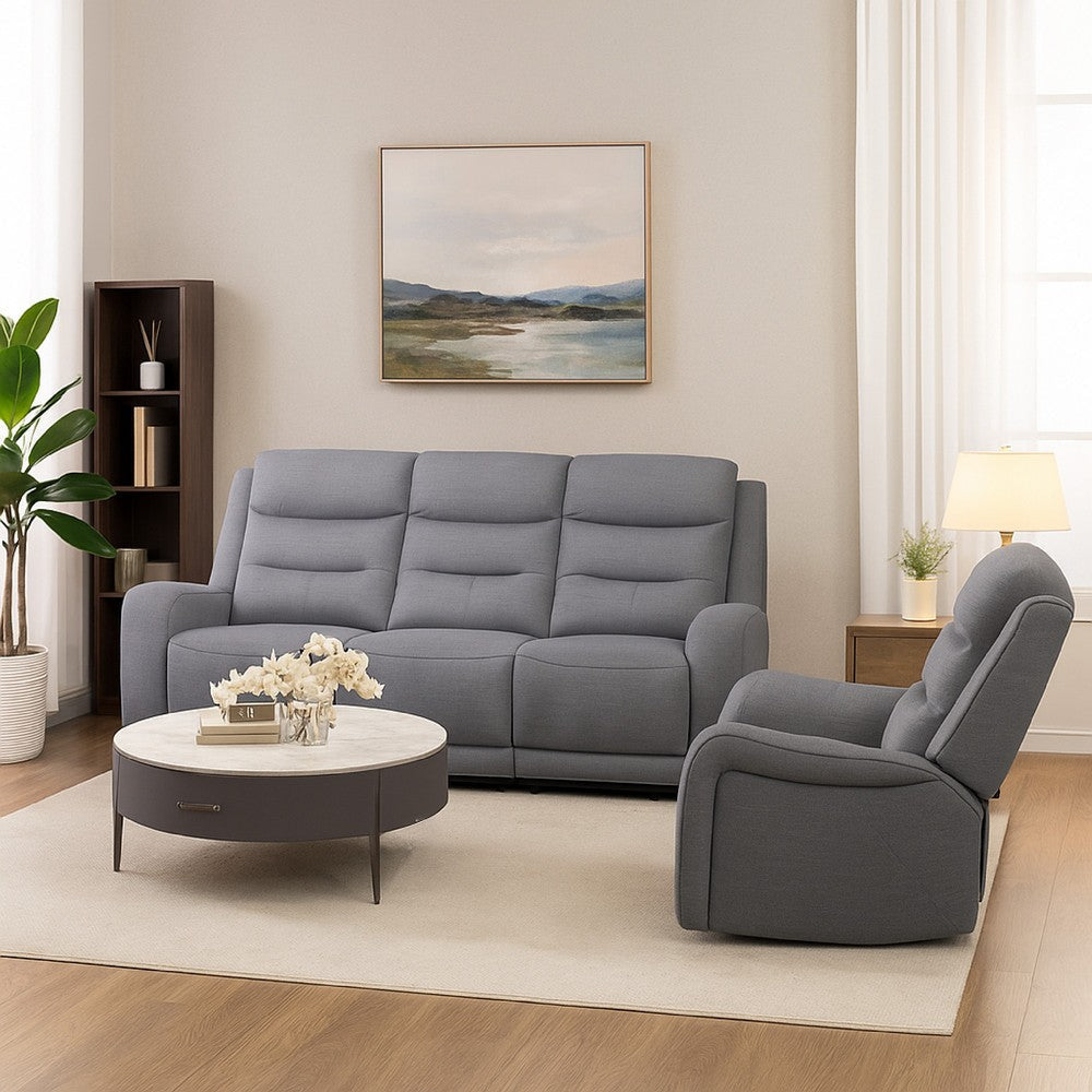 Clair 2 Piece Manual Reclining Sofa and Loveseat, Solid Wood, Gray Fabric By Casagear Home
