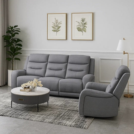 Clair 2 Piece Manual Reclining Sofa and Loveseat, Solid Wood, Gray Fabric By Casagear Home