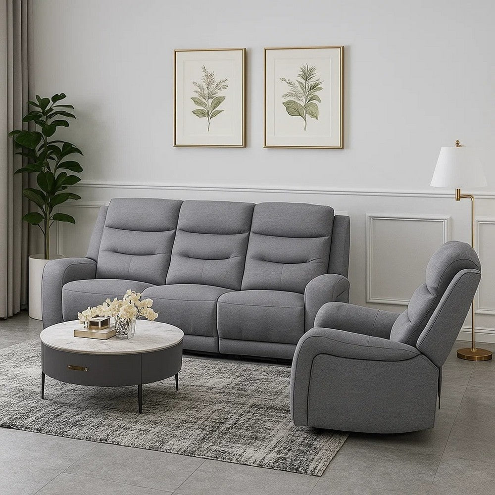 Clair 2 Piece Manual Reclining Sofa and Loveseat, Solid Wood, Gray Fabric By Casagear Home