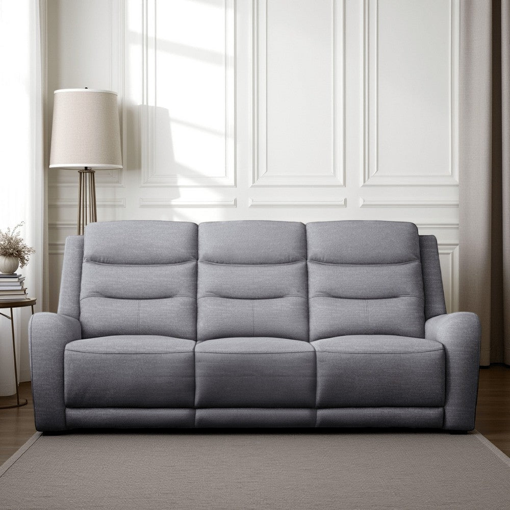 Clair Manual Recliner Sofa, Scroll Arms, 47 Inch, Solid Wood, Gray Fabric By Casagear Home