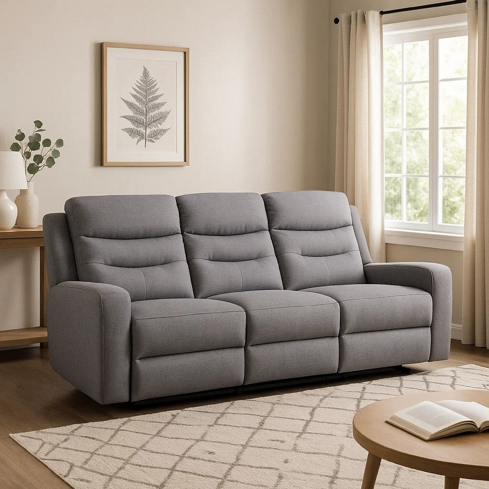 Clair Manual Recliner Sofa, Scroll Arms, 47 Inch, Solid Wood, Gray Fabric By Casagear Home