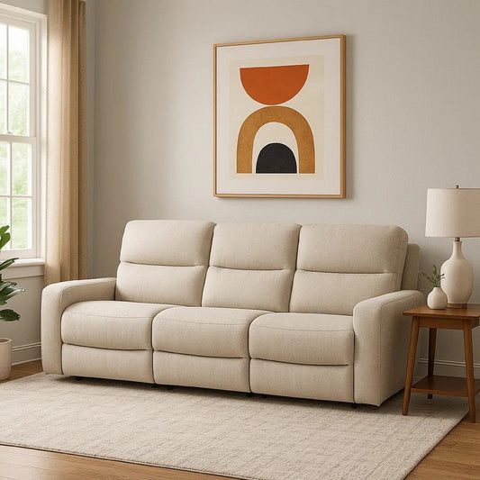 Gira Manual Recliner Sofa with Contour Armrest, Solid Wood, 88 Inch, Beige By Casagear Home