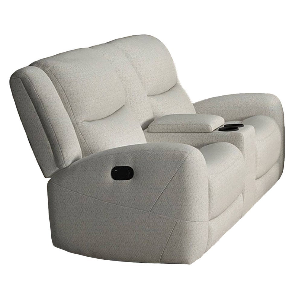 Gira Manual Recliner Loveseat with Center Console, 79 Inch, Wood, Beige By Casagear Home