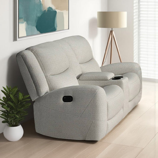 Gira Manual Recliner Loveseat with Center Console, 79 Inch, Wood, Beige By Casagear Home