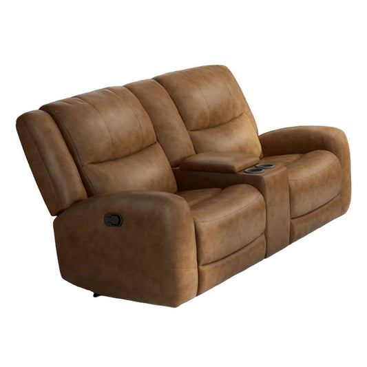 Leos Loveseat, Manual Reclining, Center Console, 79 Inch, Brown Leather By Casagear Home