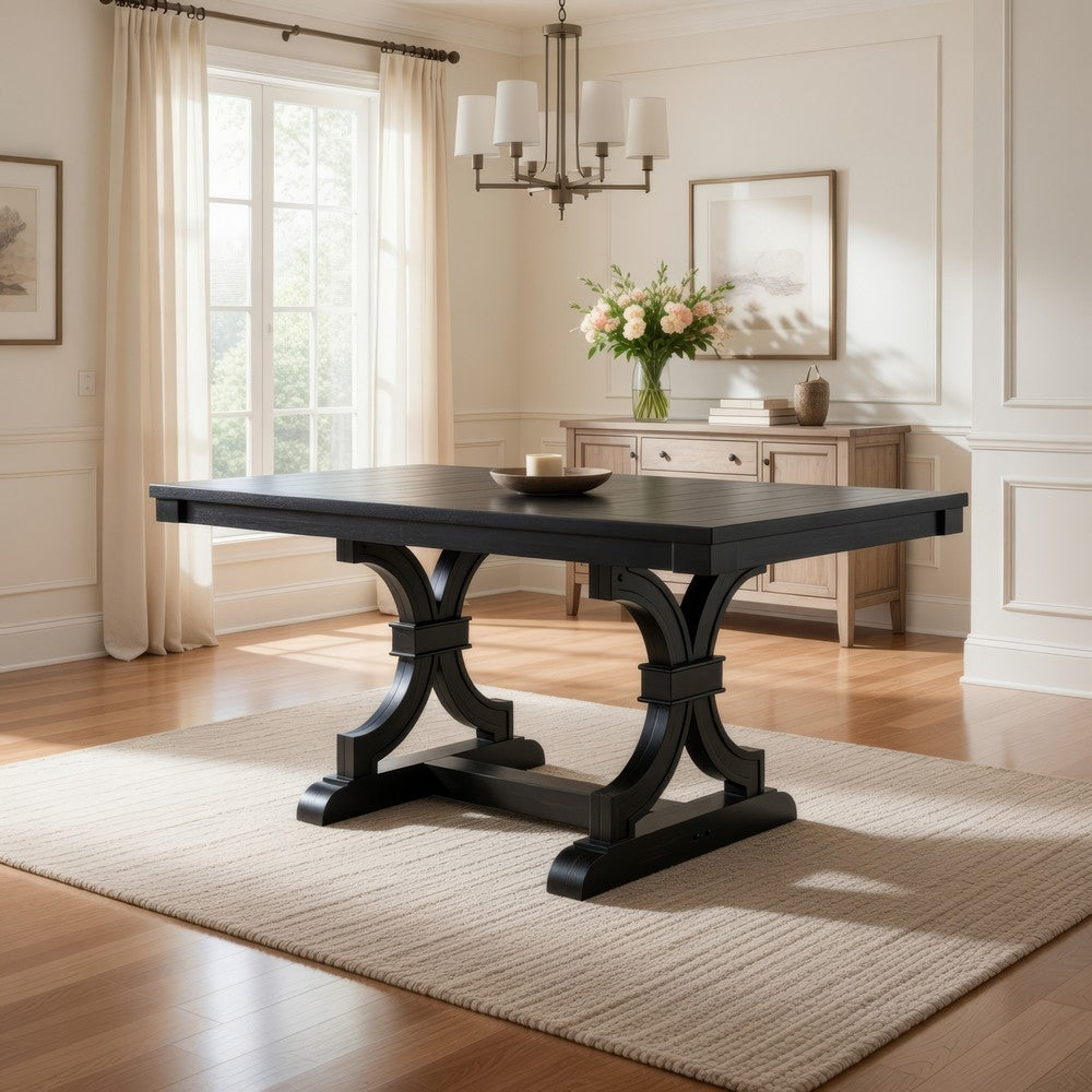 Luke Dining Table, 79 Inch Rectangular Top, Trestle Base, Black Wood By Casagear Home