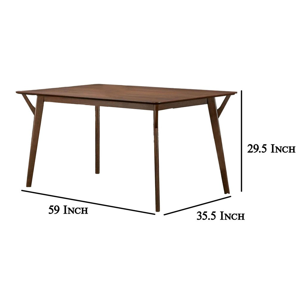 Skie Dining Table, 59 Inch Rectangular Top, Angled Legs, Brown Solid Wood By Casagear Home
