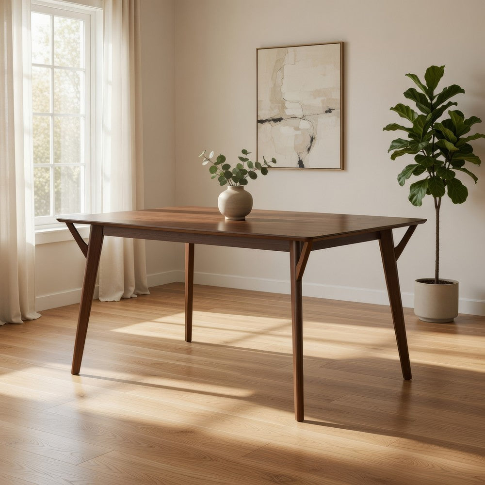 Skie Dining Table, 59 Inch Rectangular Top, Angled Legs, Brown Solid Wood By Casagear Home