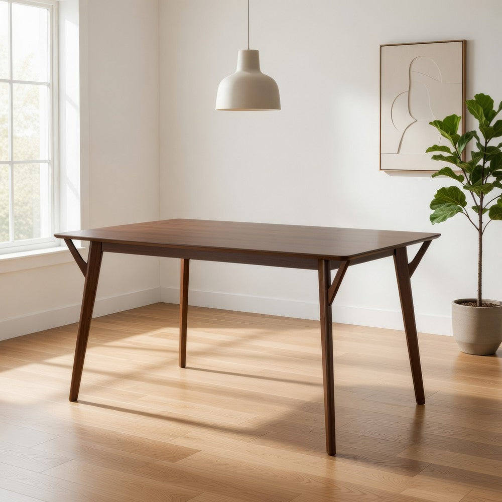 Skie Dining Table, 59 Inch Rectangular Top, Angled Legs, Brown Solid Wood By Casagear Home