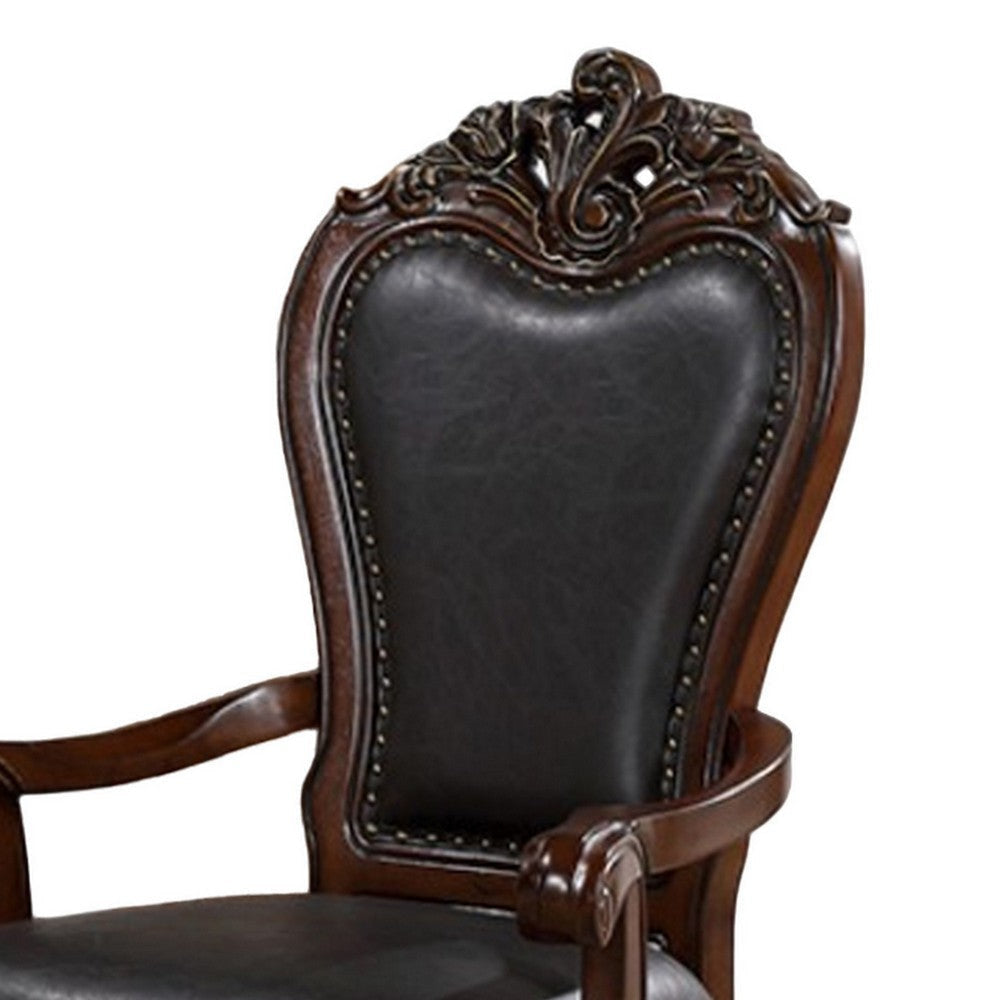 Zenie Dining Armchair Set of 2 Carved Cabriole Faux Leather Cherry Brown By Casagear Home BM321126