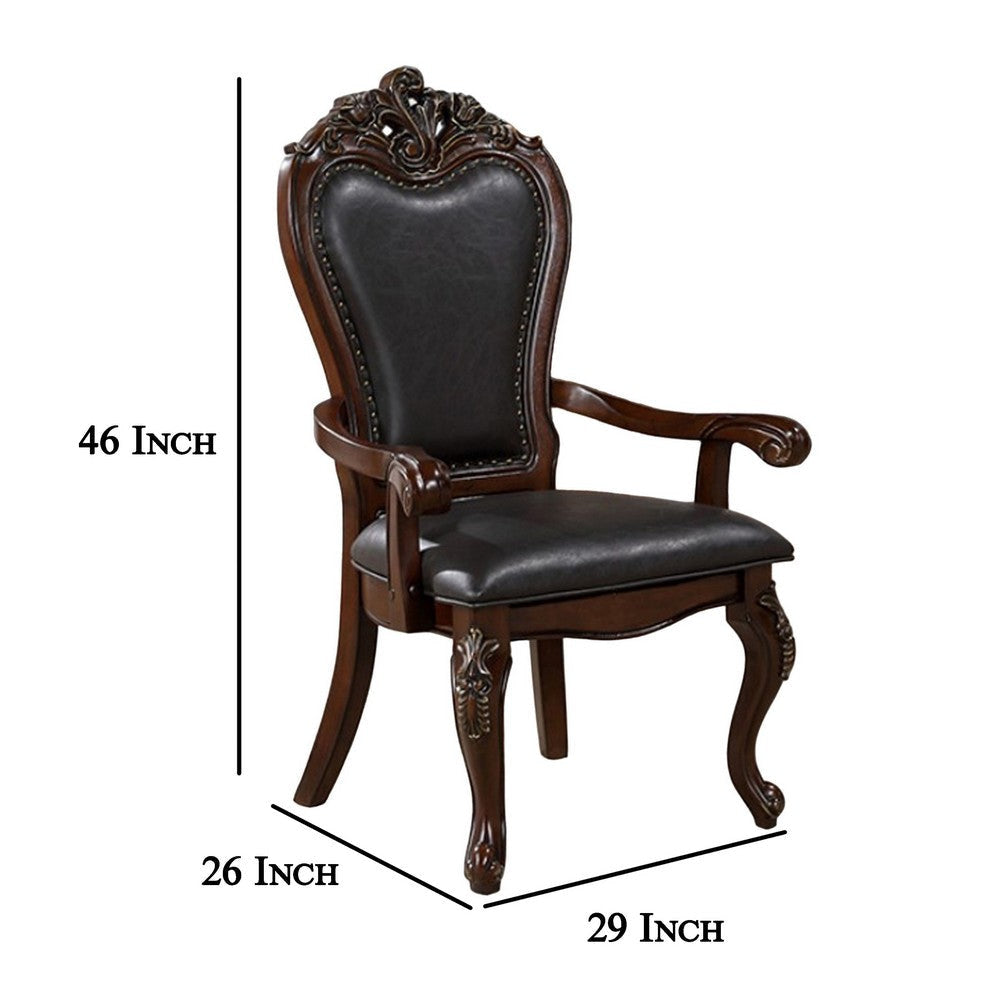 Zenie Dining Armchair Set of 2 Carved Cabriole Faux Leather Cherry Brown By Casagear Home BM321126