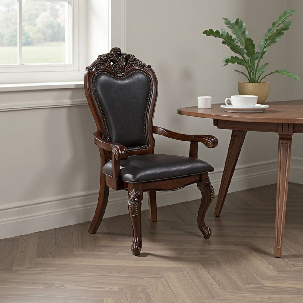 Zenie Dining Armchair Set of 2, Carved Cabriole, Faux Leather, Cherry Brown By Casagear Home