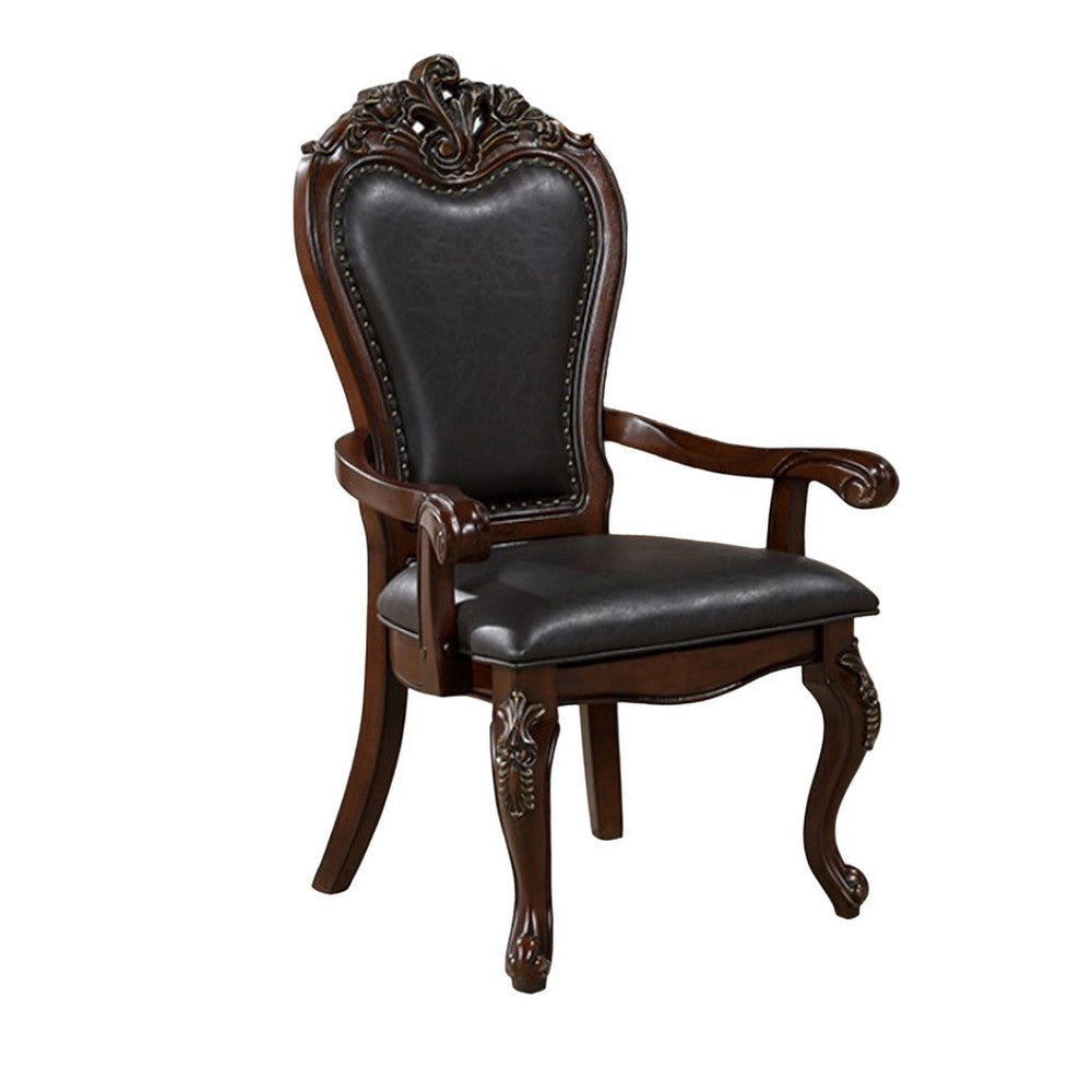 Zenie Dining Armchair Set of 2, Carved Cabriole, Faux Leather, Cherry Brown By Casagear Home