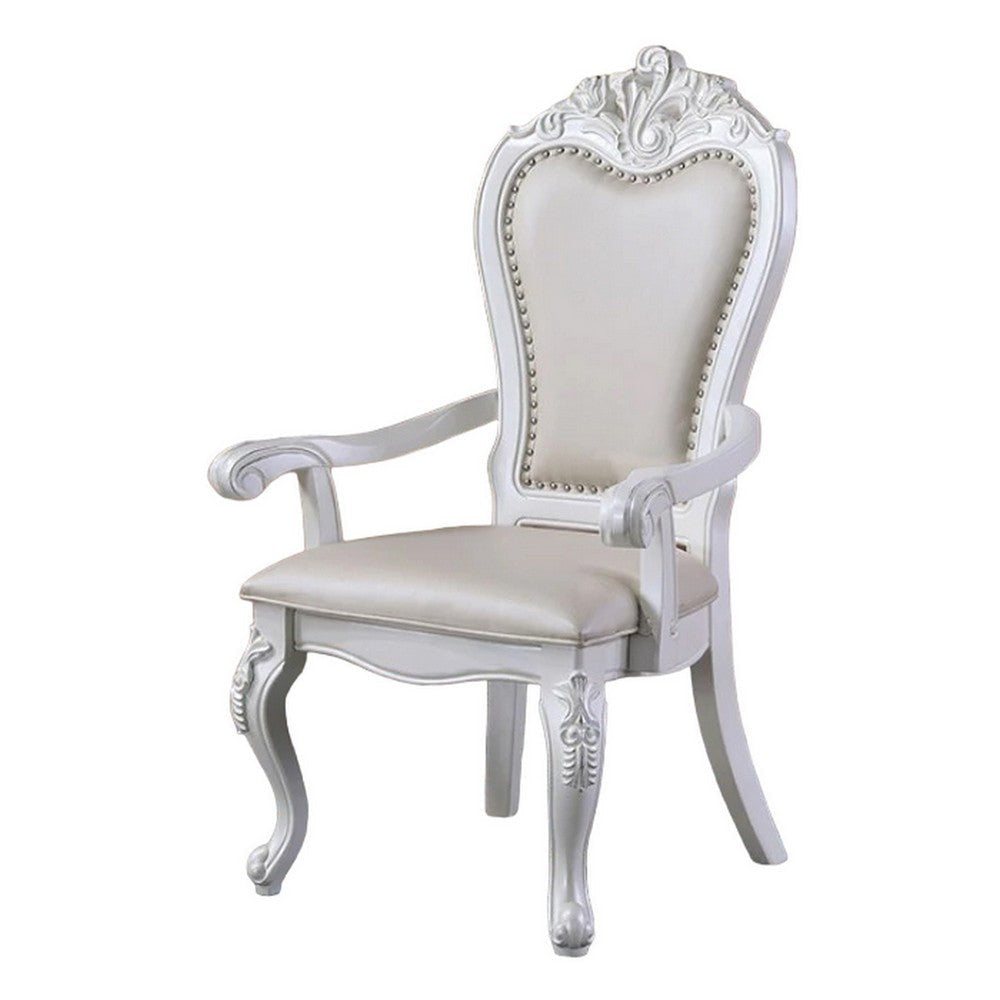 Zenie Dining Armchair Set of 2 Carved Cabriole Faux Leather White Wood By Casagear Home BM321127