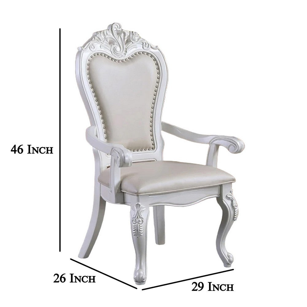 Zenie Dining Armchair Set of 2 Carved Cabriole Faux Leather White Wood By Casagear Home BM321127