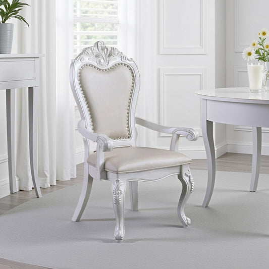 Zenie Dining Armchair Set of 2, Carved Cabriole, Faux Leather, White Wood By Casagear Home