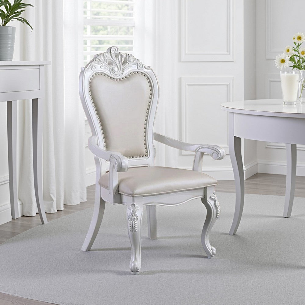 Zenie Dining Armchair Set of 2, Carved Cabriole, Faux Leather, White Wood By Casagear Home