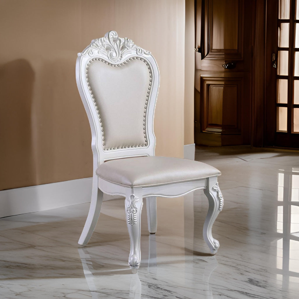 Zenie Dining Side Chair Set of 2 Carved Cabriole Faux Leather White Wood By Casagear Home BM321129