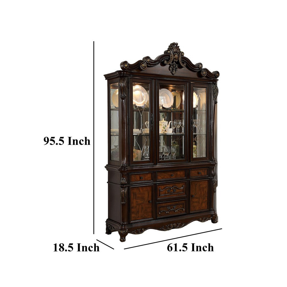 Zenie Buffet Cabinet and Hutch Classic Carved Cherry Brown Solid Wood By Casagear Home BM321130