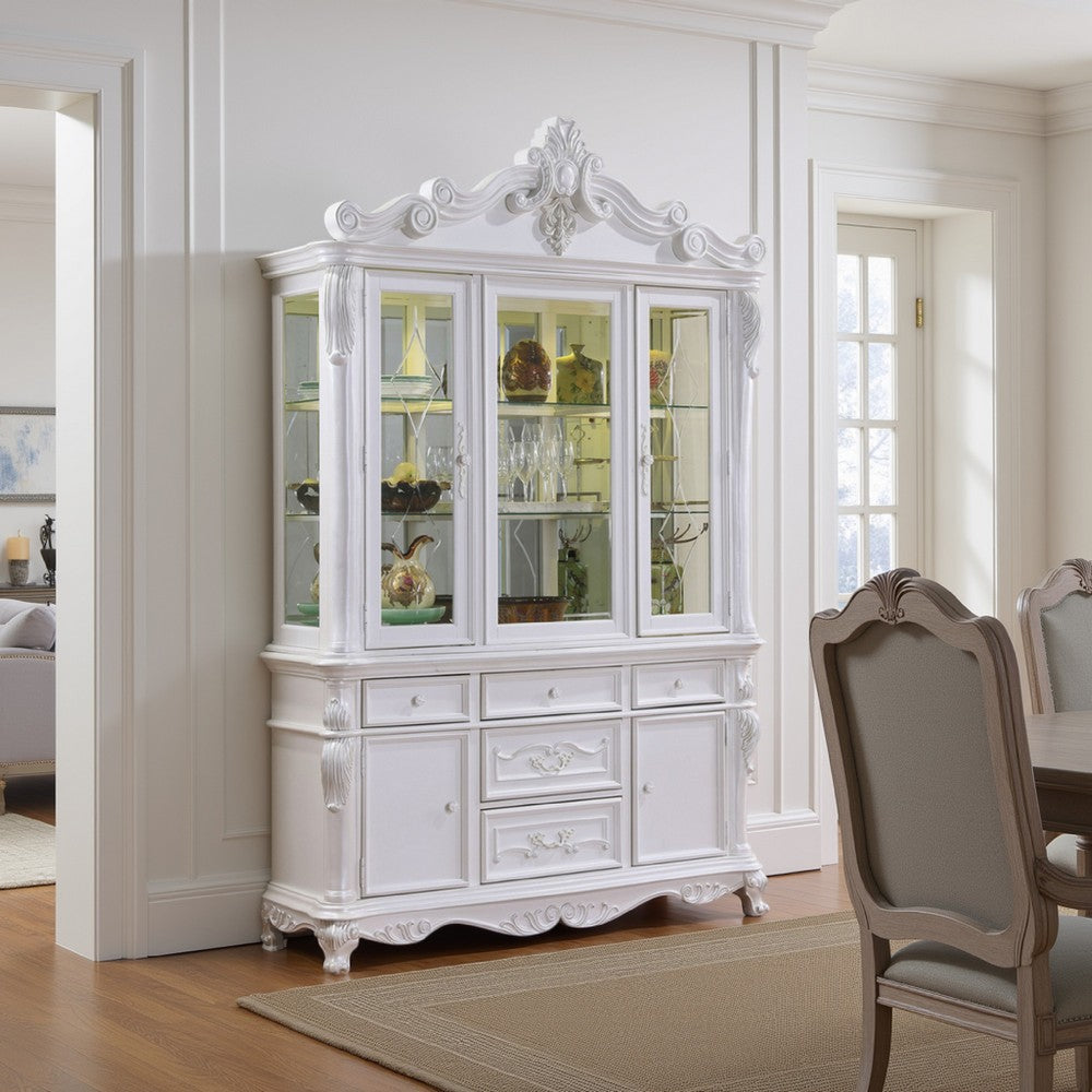 Zenie Buffet Cabinet Hutch, Classic Carved, White Solid Wood By Casagear Home