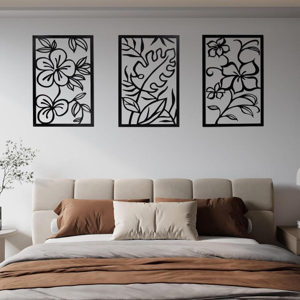 Cinq 3 Piece Set Wall Decor, Floral Hollow Out Abstract Design, Black Rectangular Metal Frame by Casagear home