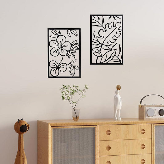 Cinq 3 Piece Set Wall Decor, Floral Hollow Out Abstract Design, Black Rectangular Metal Frame by Casagear home