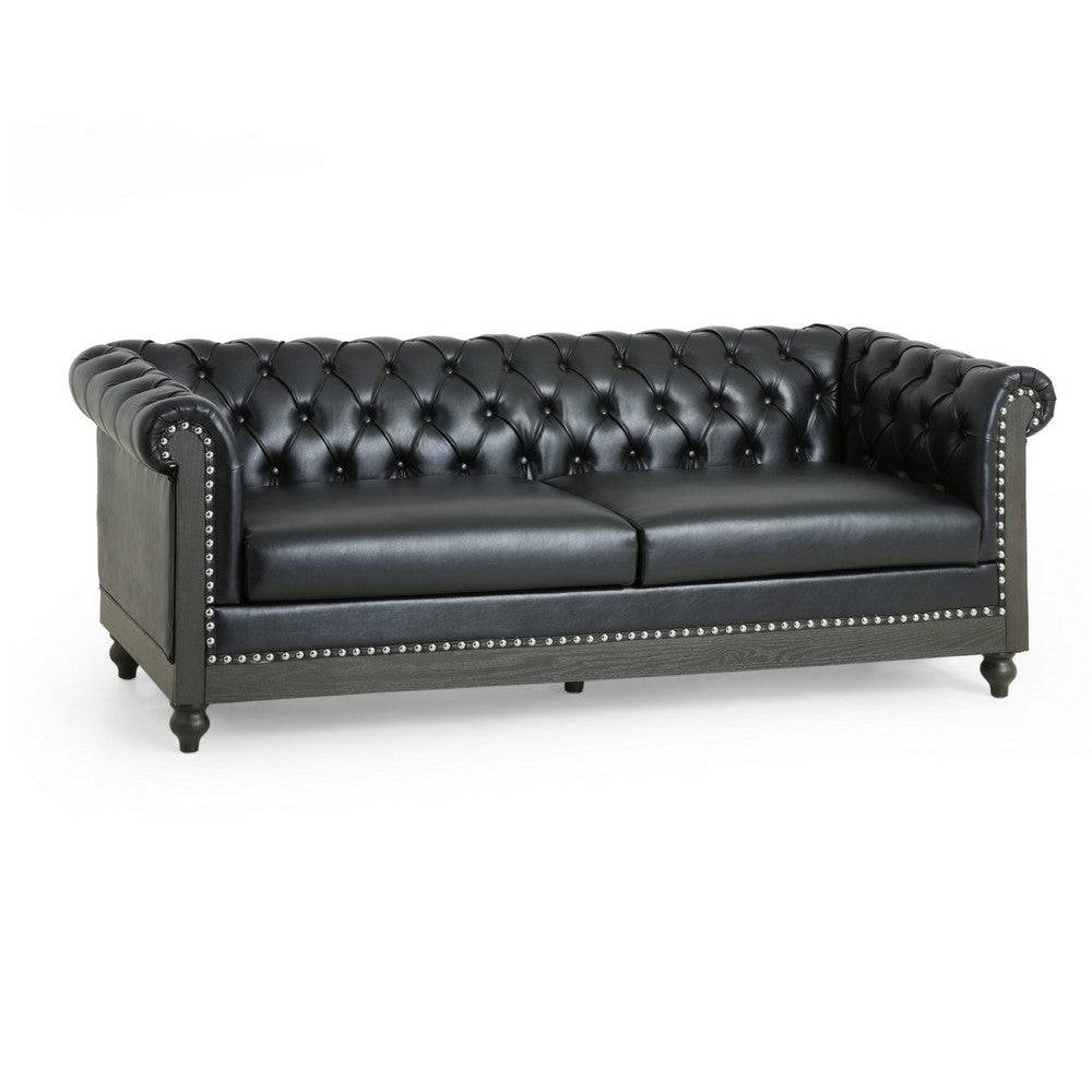 Ober Sofa, Rivets Chesterfield Tufted Black Faux Leather, 79 Inch Gray Wood By Casagear Home