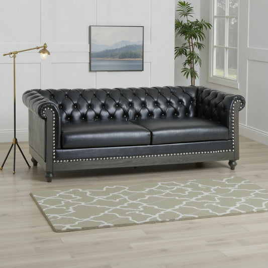 Ober Sofa, Rivets Chesterfield Tufted Black Faux Leather, 79 Inch Gray Wood By Casagear Home
