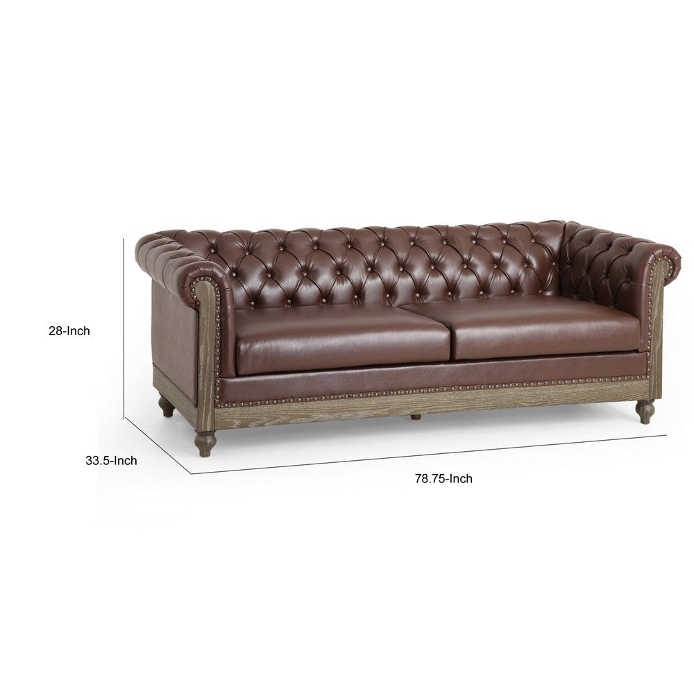 Ober Sofa Chesterfield Tufted Dark Brown Faux Leather 79 Inch Taupe Wood By Casagear Home BM321144