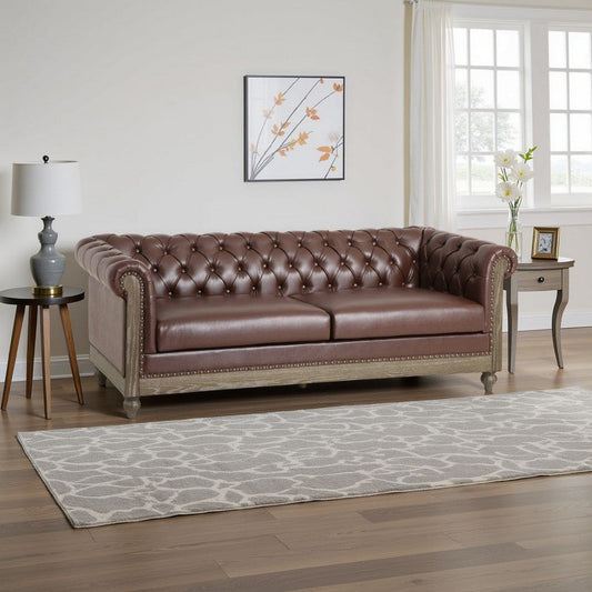 Ober Sofa, Chesterfield Tufted Dark Brown Faux Leather, 79 Inch, Taupe Wood By Casagear Home