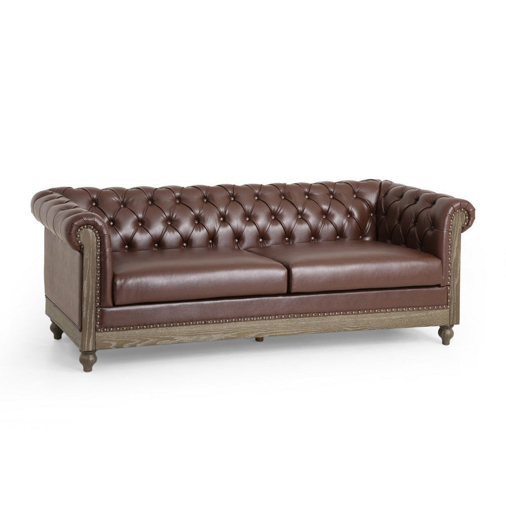 Ober Sofa, Chesterfield Tufted Dark Brown Faux Leather, 79 Inch, Taupe Wood By Casagear Home