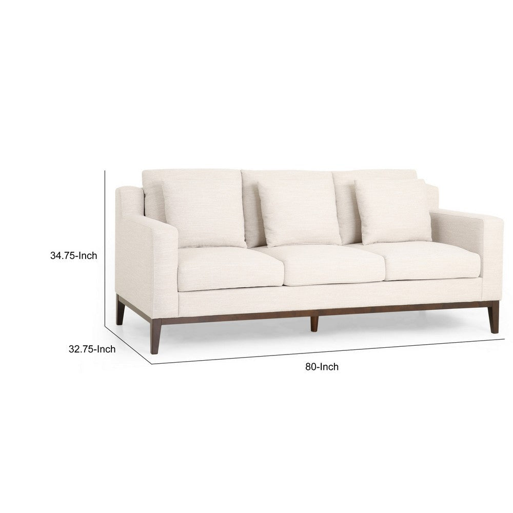 Noah Sofa 3 Pillows Beige Polyester Upholstery Brown Wood Trim 80 Inch By Casagear Home BM321146