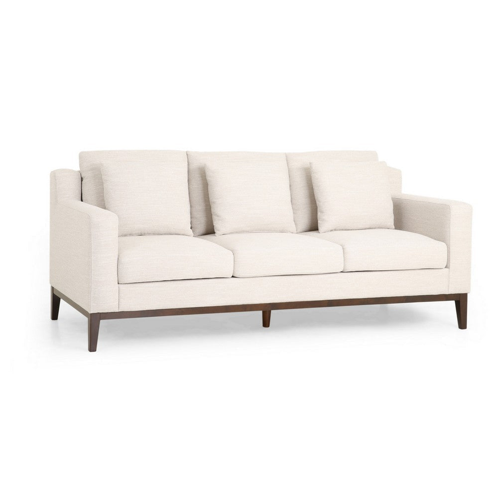 Noah Sofa, 3 Pillows, Beige Polyester Upholstery, Brown Wood Trim, 80 Inch By Casagear Home